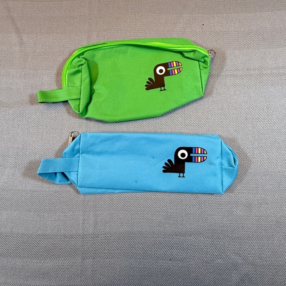 Set of 2 Canvas Toucan Pencil Pouches Green & Blue Zipper Travel Bags 2371